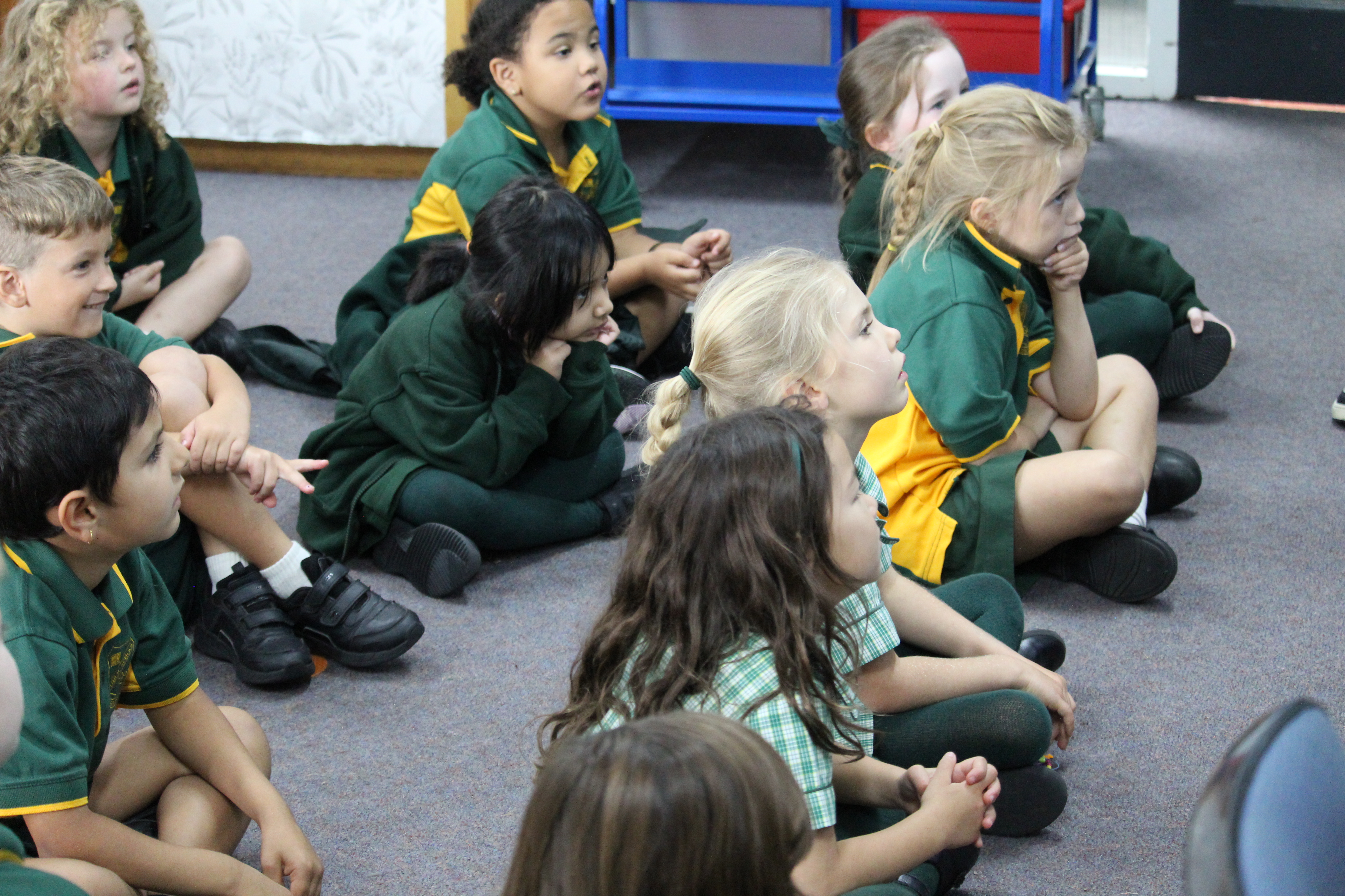 Classroom with hands up